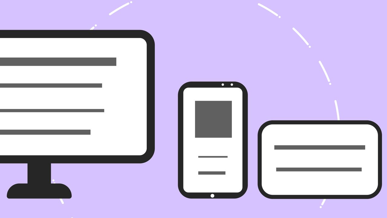 home-hero Vector icons with modern phone near computer monitor and credit card with gray lines on purple background